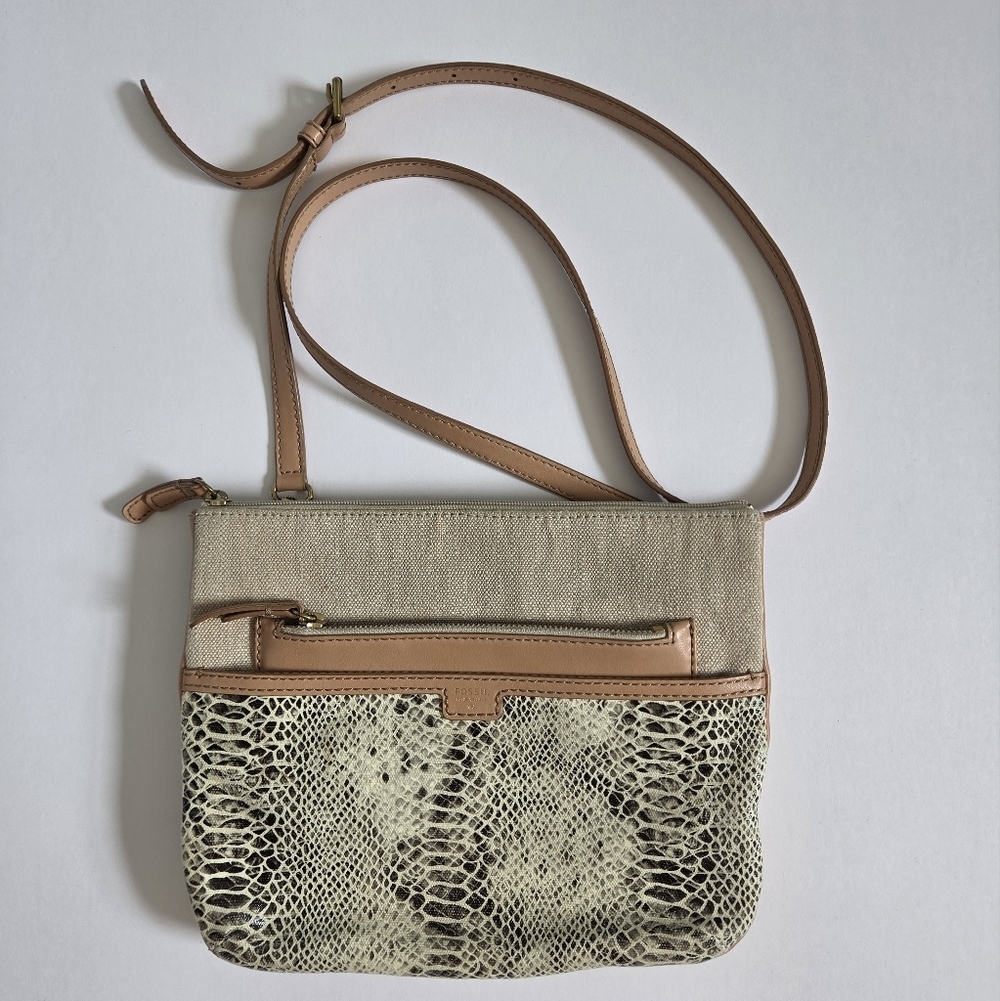 Fossil faux leather tan and snake print crossbody purse bag